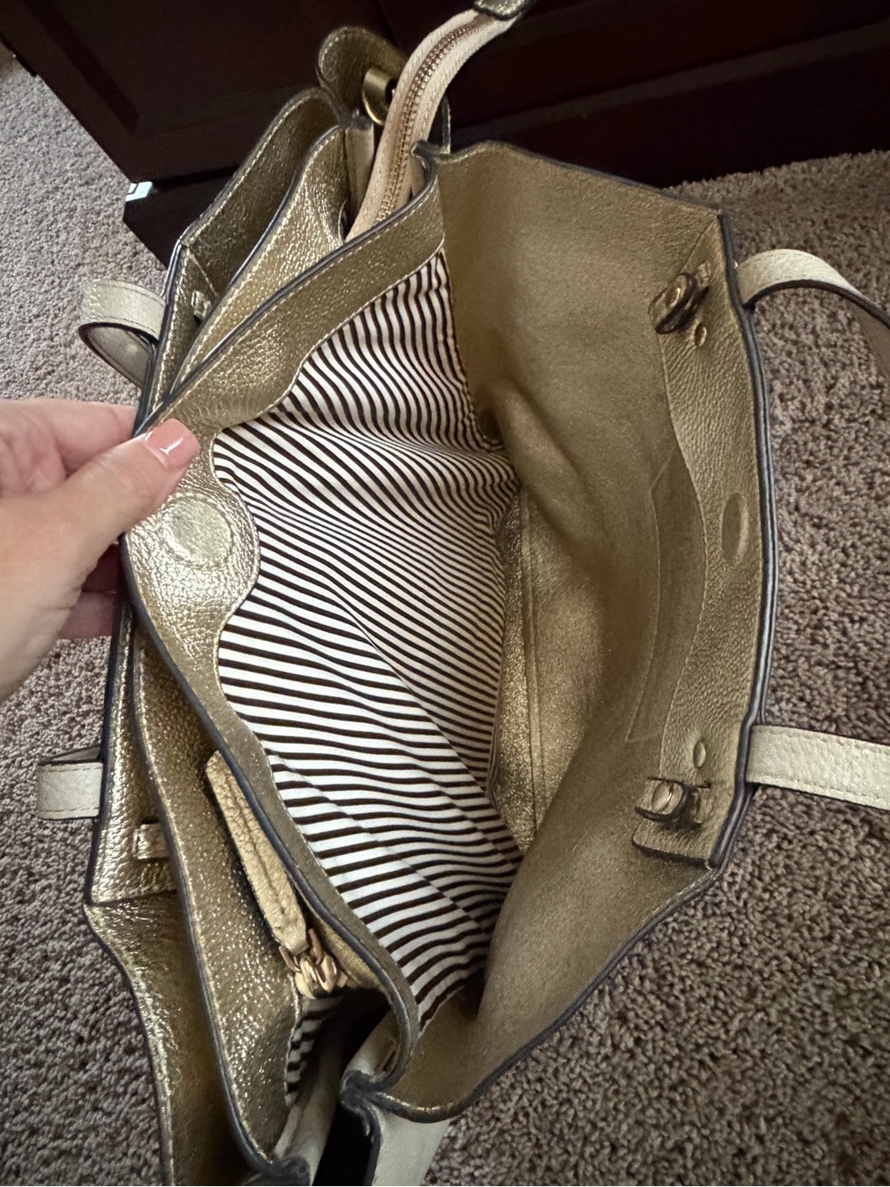 Henri Bendel Cream Pebbled Leather Tote with Striped Bendel Key Charm - Picture 10 of 12